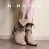 Botas de Cuero Retro para Mujer Estilo Occidental Gamuza Suave Nicho Pequeño Hebilla de Cuero Suave Botines Otoño Invierno Punta Redonda Uso Bidireccional