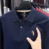 Camisa polo de algodão puro de manga comprida com bordado para homens, camisa polo casual de manga comprida com toque luxuoso, camiseta bordada versátil