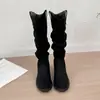 Botas de Caña Alta Apiladas para Mujer Otoño/Invierno 2026 Nuevo Estilo Aumento de Altura Interior Botas Vaqueras Occidentales Apertura en Forma de V Botas Largas Adelgazantes Botas Martin