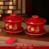 Tazas de Té para Brindis de Boda, Tazas y Cuencos de Pareja Dragón y Fénix, Juego de Cuenco y Palillos de Boda, Juego de Té Rojo para Novios