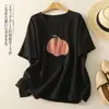 # 607 Camiseta de algodão e linho estampada, artística e jovem, de manga curta para mulheres, verão, caimento solto, modeladora, gola redonda, blusa de puxar, preto e branco