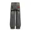 Jeans Masculino Skinny com Estampa de Letras e Corações de Marca Tendência Street Style Hip Hop Largo Versátil Comprimento Total