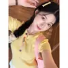 Conjunto estilo Dopamina con Cuello y Botones Coloridos, Camisa de Manga Corta con Hombro Normal para Mujer, Top de Punto Ajustado Delgado de Verano