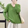 Suéter de Punto de Algodón Retro para Mujer, Cuello en V, Botones de Colores, Manga Larga, Holgado, Casual, Otoño Invierno, Versátil, Capa Interior, Capa Base