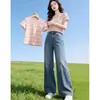 Camiseta Rosa Listrada de Alta Qualidade Dopamina Manga Curta para Mulheres, Top Verão com Design 3D Estilo Coreano