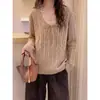Suéter de punto para mujer con cuello en V y patrón trenzado, cordón, lazo, atado, top de suéter holgado y adelgazante, moda otoño 2026