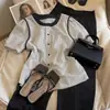 Camisa Listrada de Manga Curta Colorblock Crewneck para Mulheres 2024 Verão Nova Solta Emagrecimento Casual Puff Manga Pequena Camisa