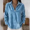 Camisa Feminina para Outono e Inverno, Nova Moda Europeia e Americana, Veludo Cotelê com Zíper Parcial, Gola Reversível Vintage, Top Diário para Mulheres