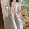 Pijama Feminino 2024 Primavera e Outono Algodão Bolha Tecido Amassado Manga Longa Estilo Princesa Desenho Roupas de Casa Conjunto