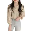 Camisa xadrez feminina com design chique, blusa de manga comprida, novo modelo de outono 2021, camisa estilosa de gola redonda
