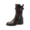 Versión europea 2026 modelo nuevo Botas Martin con tacón grueso de 5 cm, botines cortos arrugados desgastados vintage para mujer, botas de motociclista, a media pantorrilla, doble hebilla, planos