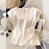 Camisa de Seda para Mujer con Cuello en V y Mangas Cortas, Nuevo Estilo de Verano, Blusa Plisada Color Albaricoque Estilo Francés, Top Versátil y Elegante para Mujer