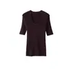 Lavável à máquinaSem costuraFio fino 48 fios 100% lãDecote U Tricô Manga curta Feminino Outono Slim Fit Top