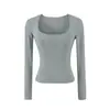 Camiseta Lisa de Manga Longa Decote em U Baixo Estilo Puro Desejo com Acabamento para Mulheres Outono Nova Chegada Elástica Confortável Top Base Hot Girl