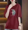 Camiseta de Manga Corta de Comercio Exterior para Mujer Ropa para Madres Verano Estampada Cuello Redondo Holgada Talla Grande Casual Elegante Top para Mujer de Mediana Edad