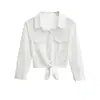 Camisa de Algodão de Bambu com Gola Lapela, Manga Três Quartos, Fechamento com Amarração, Estilo Hot Girl, Nova Moda de Verão, Top Curto Slim Fit para Mulheres