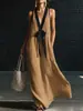 Vestido Longo Simples e Elegante Estilo Europeu e Americano com Decote V Halter Sem Mangas para Férias, com Toque de Alta Qualidade e Design Versátil, da Aliexpress