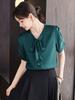 Camisa Verde de Verão de Manga Curta Feminina Decote V Camisa com Laço 25 Anos Verão Chic Look Emagrecedor Slim Top Elegante