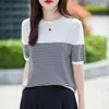 Camiseta de Punto de Algodón Puro a Rayas de Manga Corta Nueva Clásica de Verano Delgado Cuello Redondo Estilo Corto Top Elegante para Mujer