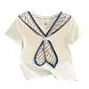 Recomendado para Uso Personal ~ Camiseta de Manga Corta Lado Derecho con Bufanda de Seda de Diseñador para Mujer Verano Nicho Chic Ajustada Corta con Cuello en V