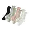 Calcetines de Seda Transpirables para Mujer, Calcetines de Verano Finos de Media Pantorrilla con Bordes Fruncidos, Calcetines Lolita Jk Calados, Algodón Transpirable de Malla