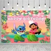 Tela de Fondo de Cumpleaños de Stitch Suministros de Decoración para Fiesta de Cumpleaños Diseño del Lugar Banner de Tela de Poliéster de Stitch