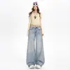 # Jeans retro americanos con estampado de rayo para mujer, marca de moda nueva, versátiles y únicos, pantalones rectos de pierna ancha