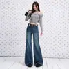 Jeans retro azul de cintura alta elástico forrado com fleece, espessado, para mulheres, novo estilo outono/inverno 2026, modelador e quente, flare