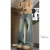 Jeans de mezclilla lavada estilo callejero americano para hombre, pantalones acampanados rectos vintage desgastados, pantalones casuales holgados de pierna ancha para otoño