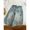 Jeans casual bordado com cachorrinho para mulheres, cintura alta, modelador, moderno, calça cropped de perna larga, calça de comprimento médio para o verão, azul vintage