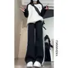 [Hua Mian Compuesto] Pantalones Deportivos Blanco Gris para Mujer Otoño e Invierno Nuevos Casual Rectos de Pierna Ancha Rayados Adelgazantes Modernos