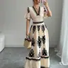 Amazon, AliExpress, 1688, site independente, comércio exterior, estampa vintage, gola V, cintura franzida, evasê, vestido longo
