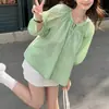 Camisa lnto verde para mujer 2026 nuevo verano estilo coreano hermosa y elegante holgada fina manga de farol top blusa