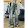 Jeans de Pierna Ancha con Dobladillo Curvo Estilo Americano y Estampado de Bambú para Mujer, Nuevos Pantalones de Primavera y Otoño de Color Claro, Cintura Alta, Adelgazantes, Acampanados, de Largo Completo