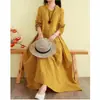 Nuevo Vestido Artístico Vintage Otoño 2026, Estilo Bosque Corte Holgado, Cuello Fruncido, Por Encima de la Rodilla, Falda Completa, Vestido Largo de Color Sólido