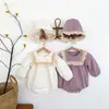 Enterizo Coreano para Bebé Niña de Primavera y Otoño, Mono de Manga Larga con Adorno de Encaje, Ropa para Gatear, Pelele con Gorro Incluido
