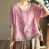 Top de algodón y lino con bordado pesado de manga corta, nuevo estilo de verano con un toque artístico, adelgazante y favorecedor para la figura, con diseño de abertura, camiseta de meter