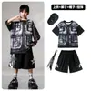 Ropa de Moda Hip-Hop para Niños Traje Negro de Manga Corta con Chaleco Falso para Niños Ropa Genial de Percusión para Actuación de Niñas