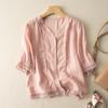Camisa de Manga Larga de Algodón y Lino con Patrón de Ganchillo para Mujer Verano Literaria Retro Camisa de Algodón y Lino Versátil Elegante Nuevo Estilo 2025