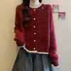 Suéter Vermelho de Ano Novo com Botão de Pérola Feminino de Primavera Solto Gola Redonda Cardigan de Tricô Top