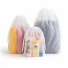 Bolsa de sapato de viagem semi-transparente fosca de PE, bolsa de armazenamento de sapatos para casa, bolsa para roupas e artigos de higiene pessoal, bolsa fosca com cordão branco