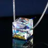 Colar com pingente quadrado arco-íris em corrente de caixa de prata de lei 925 Joia colar moda cristal austríaco presente Natal