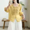 Camisa de ramio de manga tres cuartos para mujer, ligera de verano, transpirable, fresca, estilo bosque, artística, bordado pesado, top de cuello en V