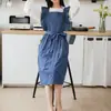 Delantal de Mezclilla Estilo Coreano Amazon Transfronterizo Blusa Cuello Redondo Arte Manicura Delantal para Barista de Té con Leche Bolsillo Ropa de Trabajo