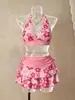 2026 Nuevo Estilo Floral con Cuello Halter Falda Traje de Baño de Tres Piezas Adelgazante Hawaiano Vacaciones Playa Traje de Baño