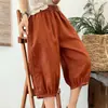 Calças casuais de algodão e linho de verão estilo lanterna para mulheres, shorts soltos de cor sólida simples e versáteis, calças harém retrô de cinco pontos plus size