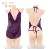 Lingerie sexy Feimu, camisola de renda puro desejo, uniforme sedutor com gola babada e decote halter 7770, tentação transparente