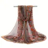 Bufanda de Gasa Transpirable Estampada de Venta Caliente Transfronteriza para Mujer Shawl Elegante Europeo y Americano Protector Solar con Estampado de Flor de Anacardo