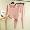 Nuevo conjunto térmico de terciopelo de doble cara para otoño e invierno, con cuello cuadrado, para mujer, conjunto de dos piezas de top y leggings cálidos de otoño