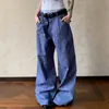 Pantalones de leñador azules de estilo americano con múltiples bolsillos para hombres y mujeres, corte limpio, holgados, de pierna recta, versátiles, con efecto apilado
